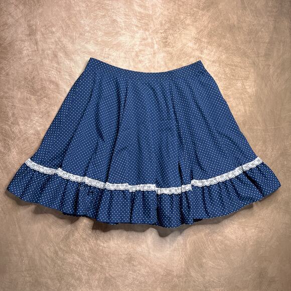Vintage 70s Polka Dot Ruffled Midi Skirt Navy Blue Lace Western Cottagecore Boho - Picture 5 of 5